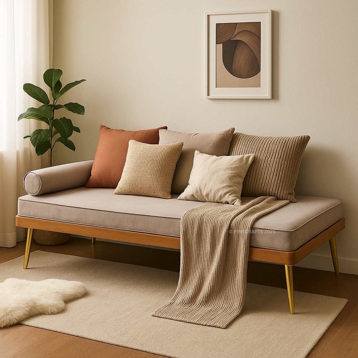Cozy living room with a beige sofa, cushions, and a plant.